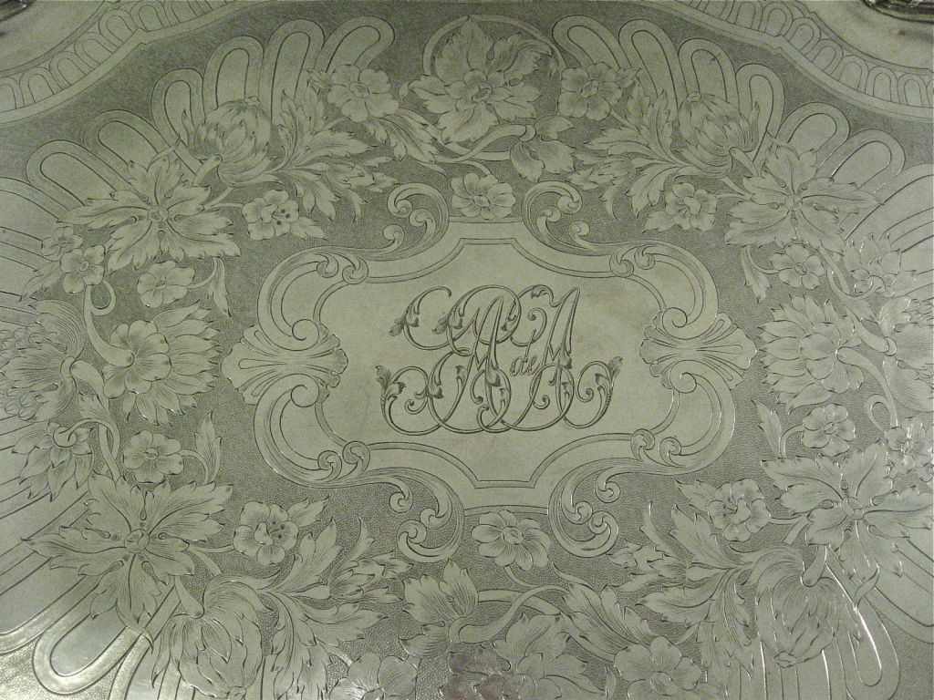 Superb Quality Antique French Art Nouveau Style Tray, By Maison Odiot, Paris. The Work And Style Of This Tray Are Very Unique To Parisian Silversmiths, Even Down To The Hand Engraved Monogram In The Center Cartouche And The Heavy Quality Applied