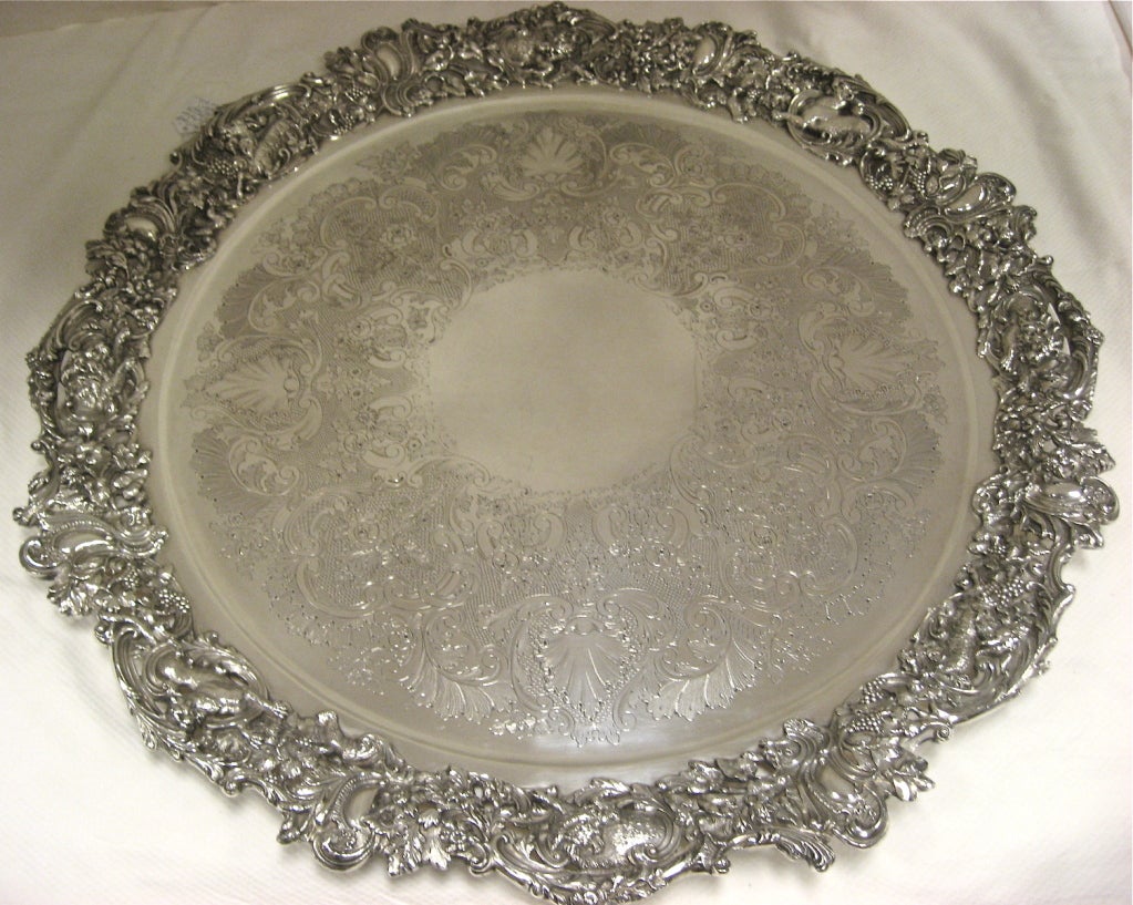 Fantastic, Large and Decorative Antique Sterling Silver Round Tray at