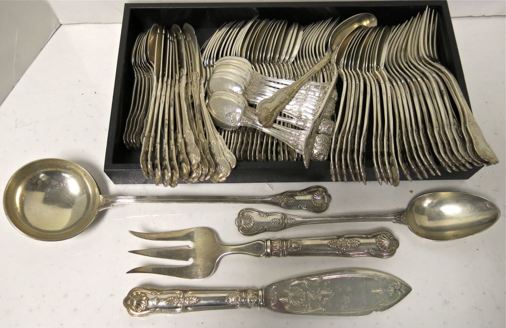 A Magnificent, Antique French Flatware Set By Gustav Keller Complete With Fish Eaters And The Original Sterling Handled Knives. Keller was a Parisian silversmith 1881 -1922, and as with all Parisian silversmiths they use they higher standard of 950