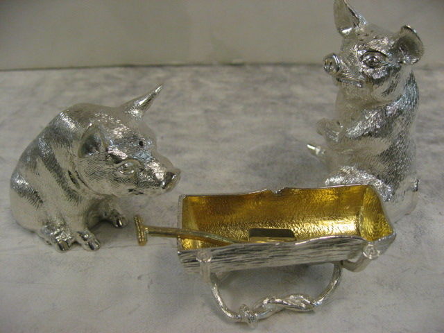 Pigs At The Trough Salt, Pepper & Mustard Set In Sterling Silver
