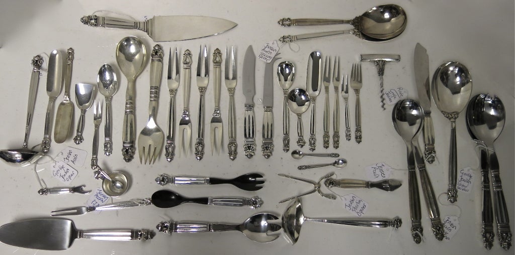 A Huge selection of Georg Jensen, Acorn pattern serving pieces. Not all in picture and to long to list, but including caviar servers, sauce ladles, gravy ladles, salad servers, serving spoons, sugar spoons, caddy spoon, olive spoons, marrow scoops,