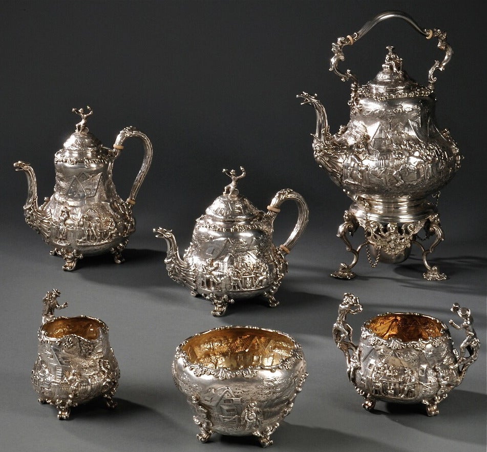 Magnificent, Edward VII Six-piece Sterling Silver Tea Service, London, 1909-10, by Hunt & Roskell Ltd., formerly Storr & Mortimer of Paul Storr fame. The set comprising a kettle on stand with burner, coffeepot, teapot, two-handled sugar bowl,
