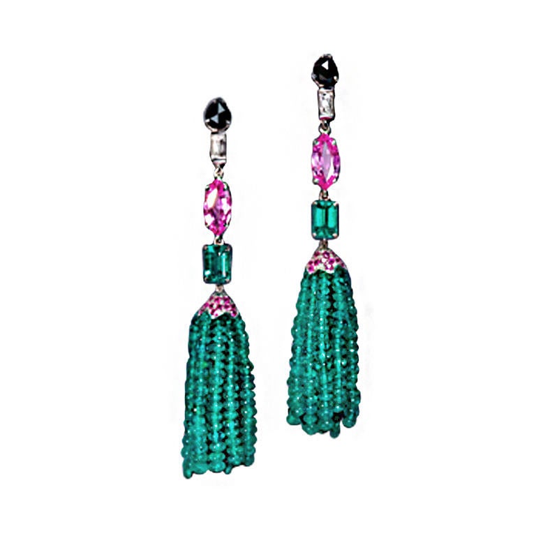 JdJ Emerald bead tassel earrings For Sale