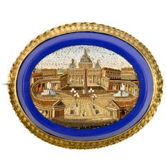 Antique Italian St. Peter's Square Micro Mosaic - Large Gold Brooch,
