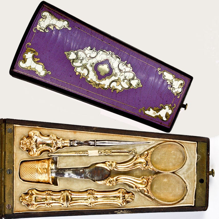 Rare Gold French Sewing Tools Lavender Boulle Etui circa 1840