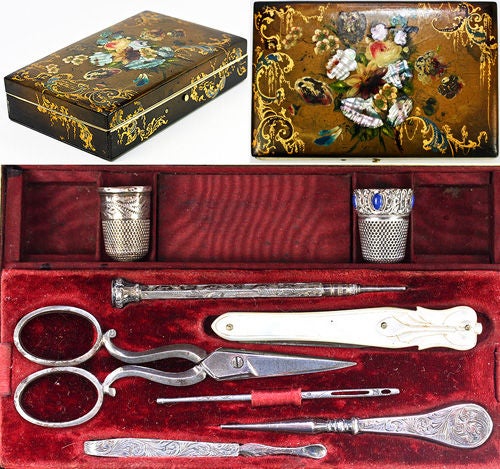 Very Rare Victorian Antique Papier Mache Sewing Box Etui Silver Tools