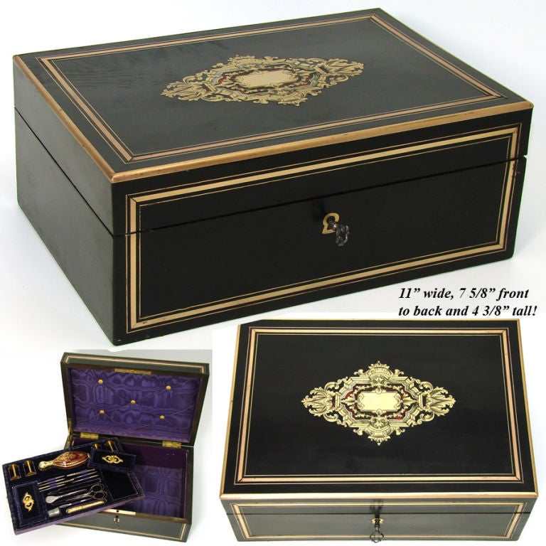 Antique French Boulle Inlay Sewing Box with Opulent Fitted Interior 3