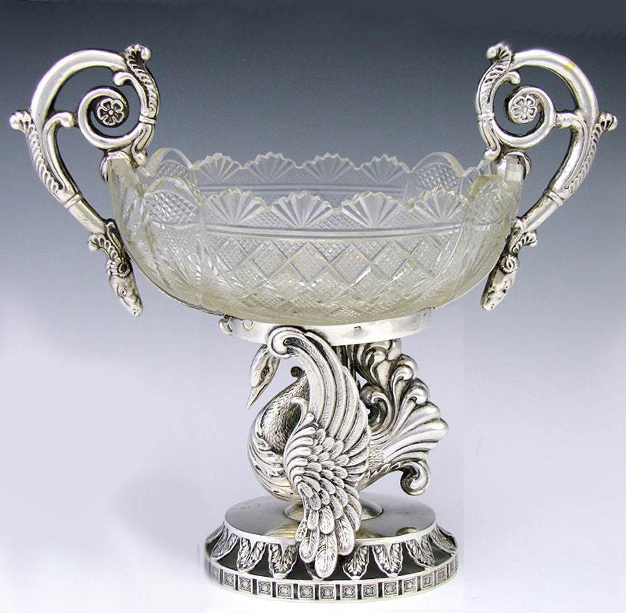 Exquisite antique European sterling silver & wheel cut crystal bonbon or raised sugar dish, figural with a majestic swan figural base and ram's head side handles! Gorgeous! The hallmarks most closely resemble those of Karl Kurz Silberwarenfabrik,