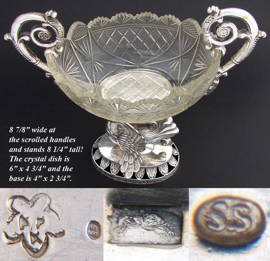 Victorian Antique Silver & Crystal Centerpiece Bonboniere or Sugar Swan For Sale