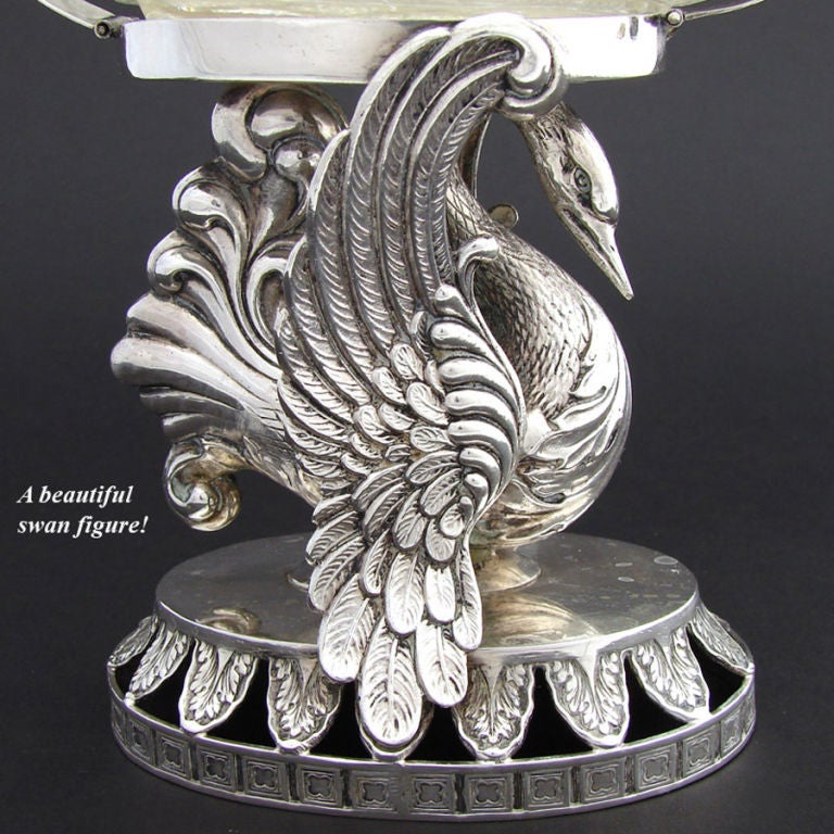Women's or Men's Antique Silver & Crystal Centerpiece Bonboniere or Sugar Swan For Sale