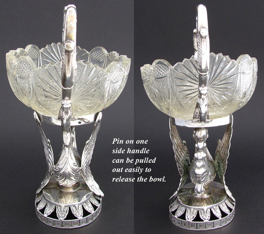 Antique Silver & Crystal Centerpiece Bonboniere or Sugar Swan For Sale 2