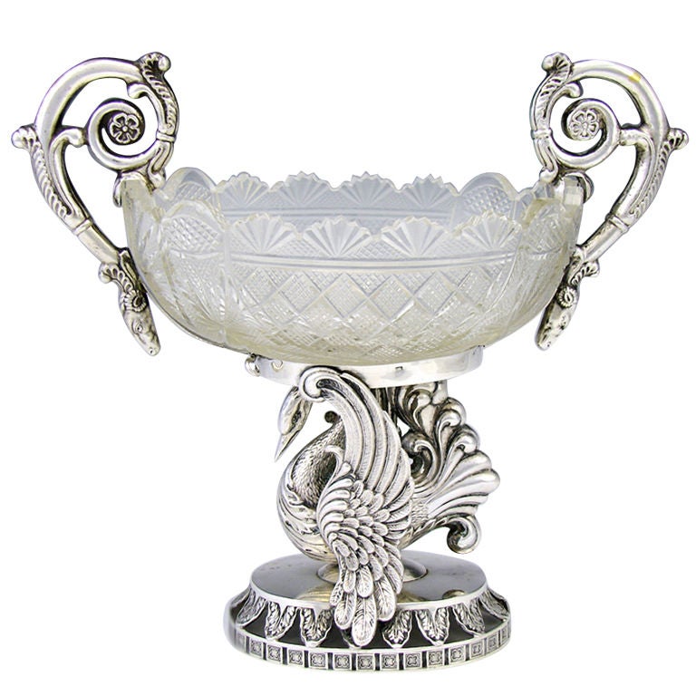 Antique Silver & Crystal Centerpiece Bonboniere or Sugar Swan For Sale