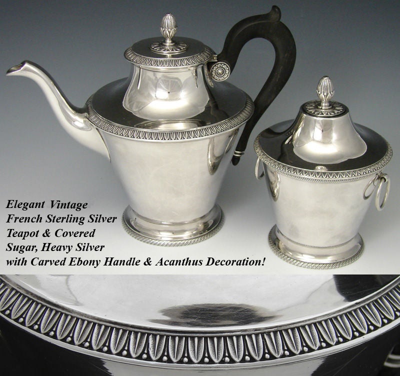 Fabulous antique to vintage French Belle Epoch era two piece sterling silver tea or coffee set: a large hot water or tea pot with carved ebony handle and covered sugar! Likely early 1900s though we can't be certain. Both in superb condition, in
