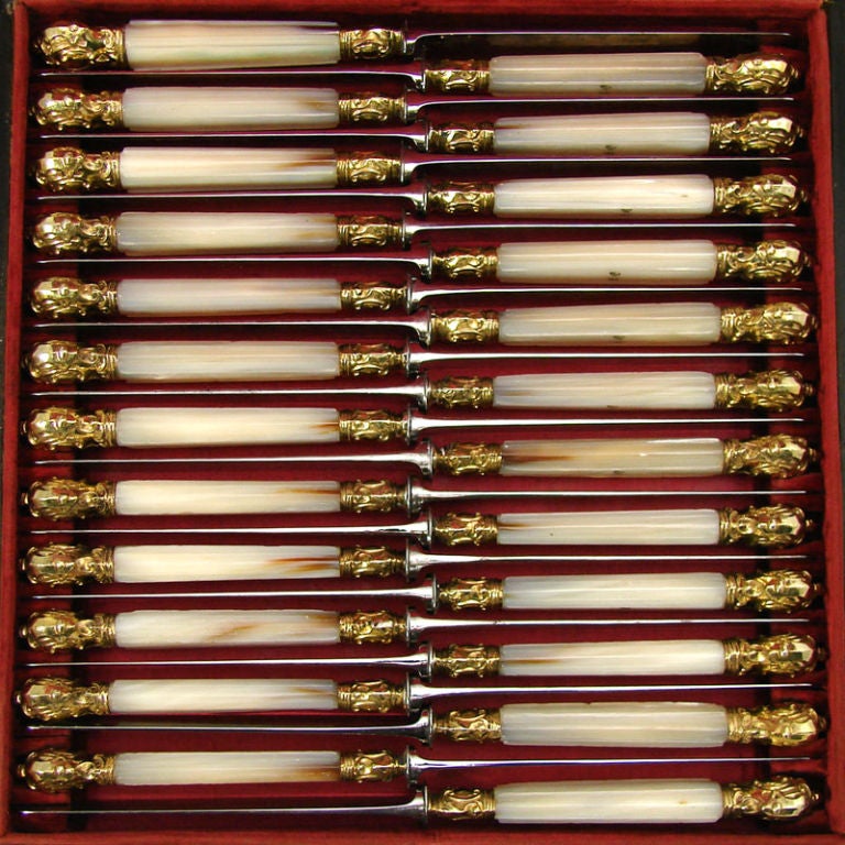 Georgian VR Antique French Vermeil Sterling Silver & Pearl 24pc Knife Set For Sale