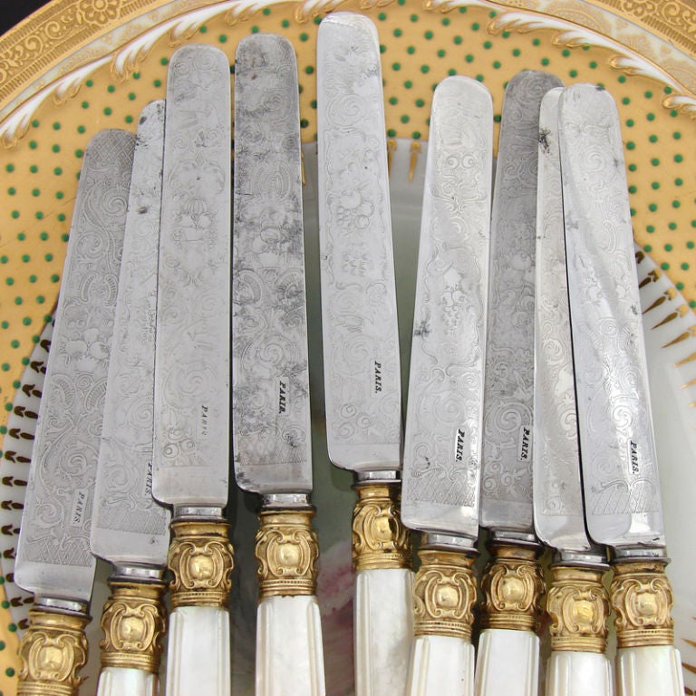 VR Antique French Vermeil Sterling Silver & Pearl 24pc Knife Set For Sale 3
