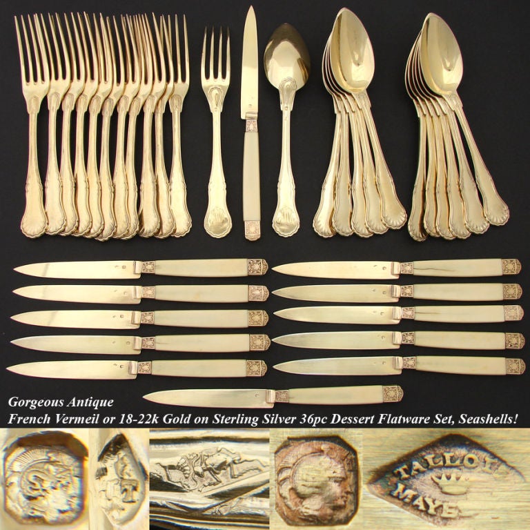 Absolutely gorgeous antique French Louis XVIII to Charles X era 36pc vermeil or 18k to 22k gold on sterling silver dessert or entremet sized flatware set, a 3pc service for twelve in elegant seashell motif knives, forks & spoons! OLD, the