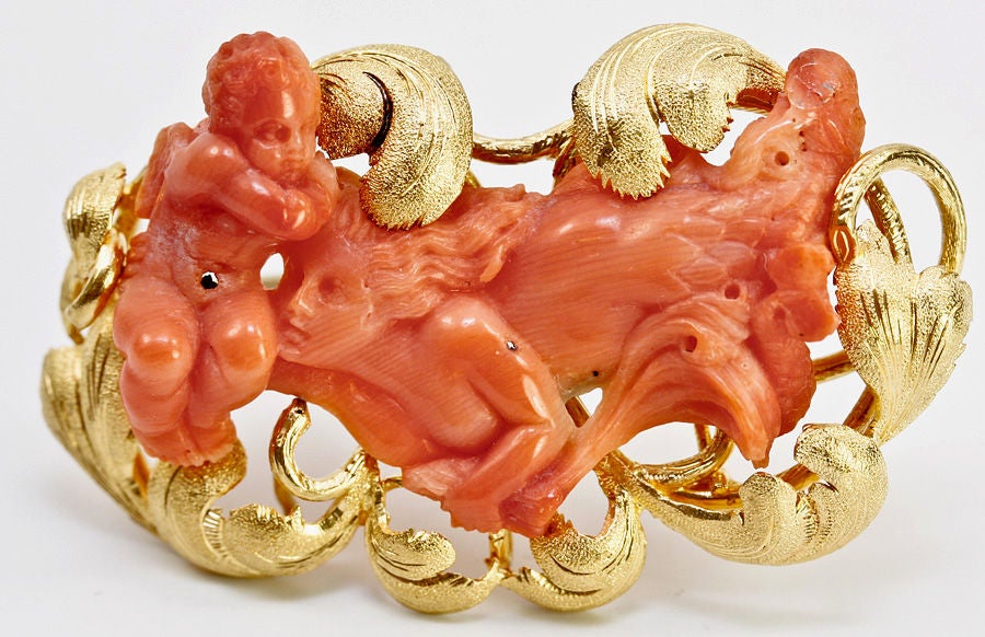Antique Gold, Red-Salmon Coral Mermaid & Putti, Large Brooch