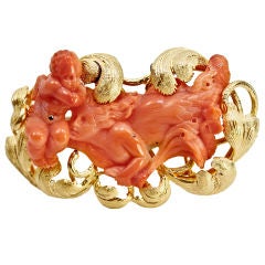 Used Gold, Red-Salmon Coral Mermaid & Putti, Large Brooch