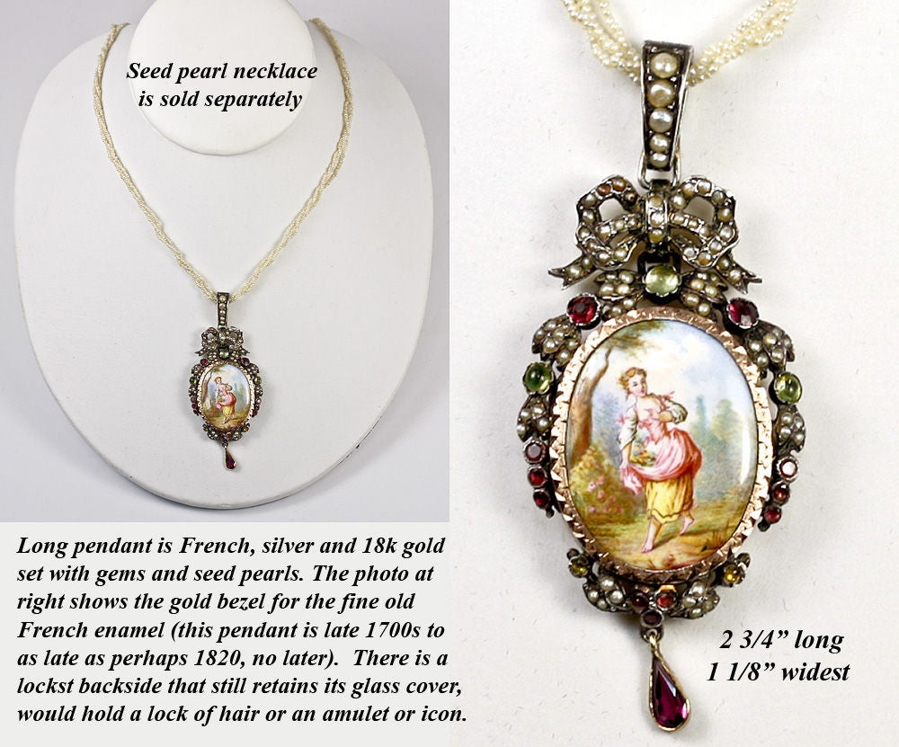 Long pendant is French, silver and 18k gold set with gems and seed pearls. The photo at right shows the gold bezel for the fine old French enamel (this pendant is late 1700s to as late as perhaps 1820, no later). There is a<br />
lockst backside
