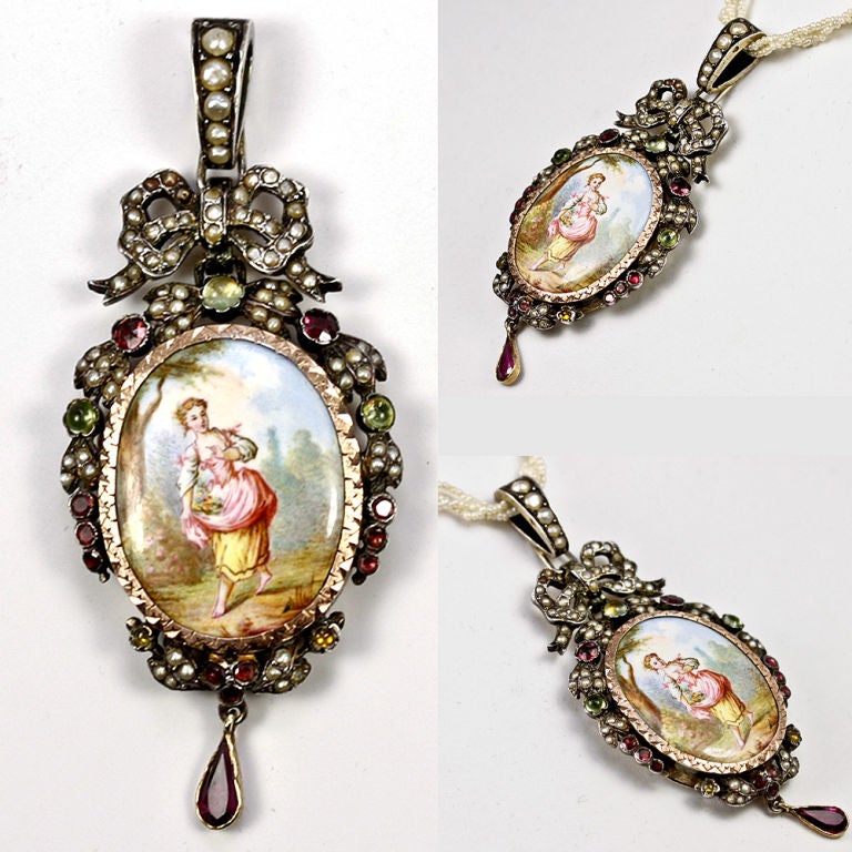 Women's Antique French Enamel Portrait Pendant, Seed pearls, Locket Back