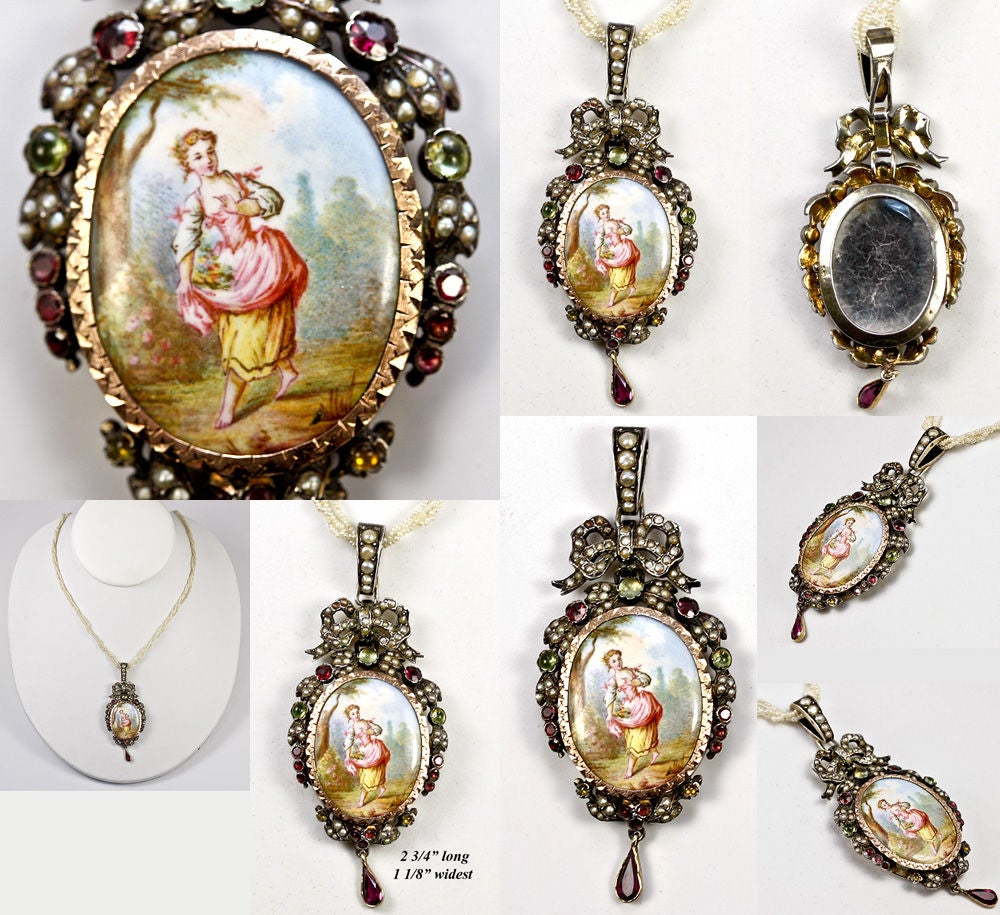 Antique French Enamel Portrait Pendant, Seed pearls, Locket Back 1
