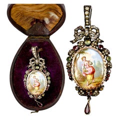 Antique French Enamel Portrait Pendant, Seed pearls, Locket Back