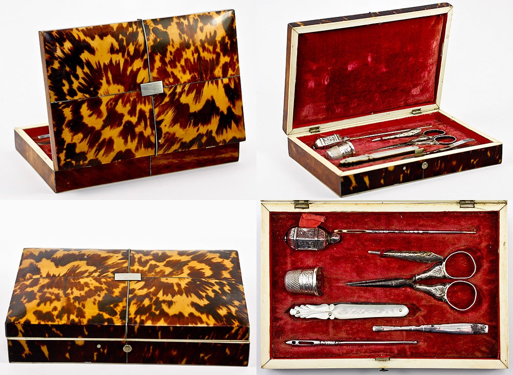 We surely must have the very best collection of antique sewing sets in the world, or have had if you count in all those that have already sold. I'm so pleased to add this one, English in origin, and in as fine a condition as any we've ever had the