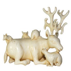 Very Large Antique Carved Ivory Netsuke, Stag, Artist Signed