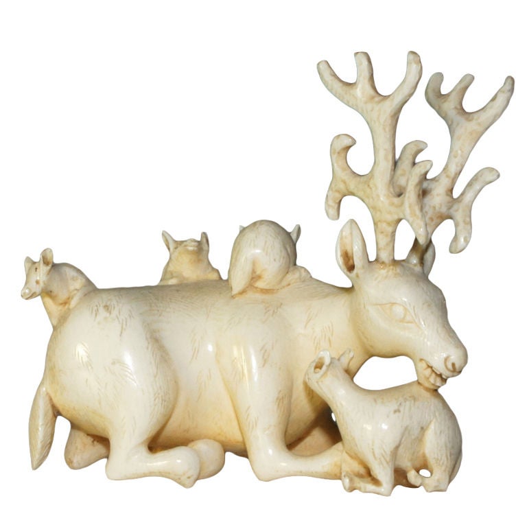 Very Large Antique Carved Ivory Netsuke, Stag, Artist Signed For Sale