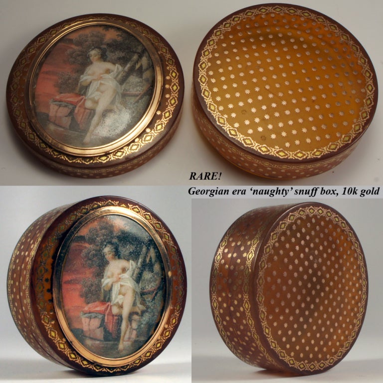Georgian Rare French Naughty Painting Snuff Box with 18k Pique For Sale