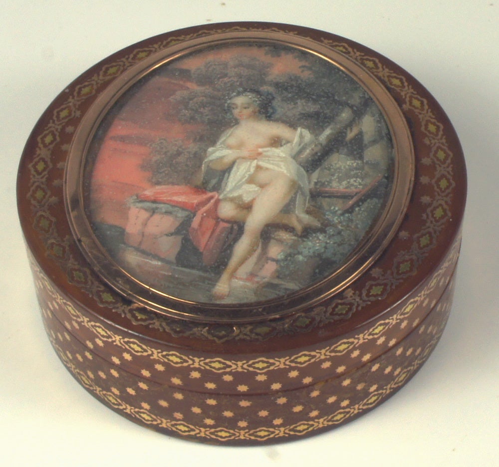 Women's Rare French Naughty Painting Snuff Box with 18k Pique For Sale