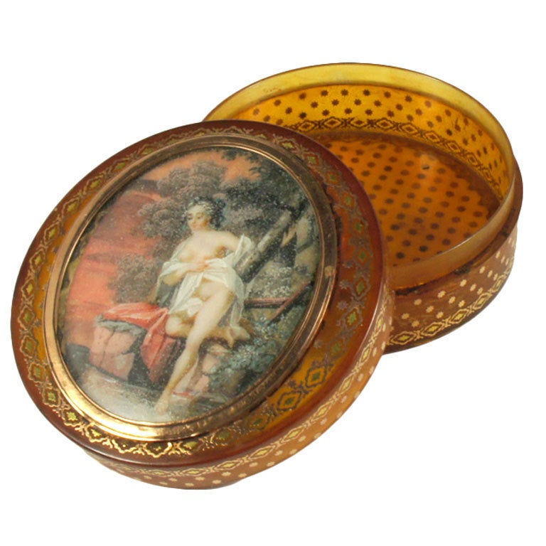 Rare French Naughty Painting Snuff Box with 18k Pique For Sale