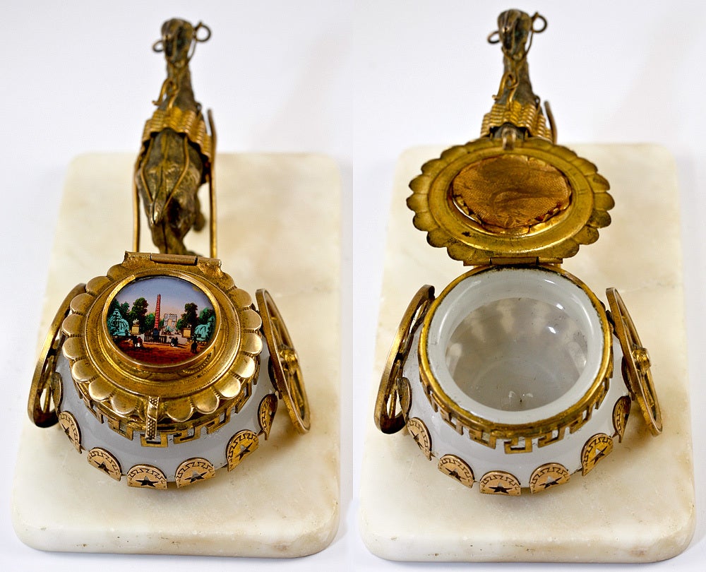 Antique French Opaline Palais Royal Jewelry Casket, Goat Pulls Carriage w Eglomise of Tuileries, Patch Box
The scene is a tiny painting of the Jardin de Tuilieries, stretching from just to the Louvre side of the Concord on down to the Arch de