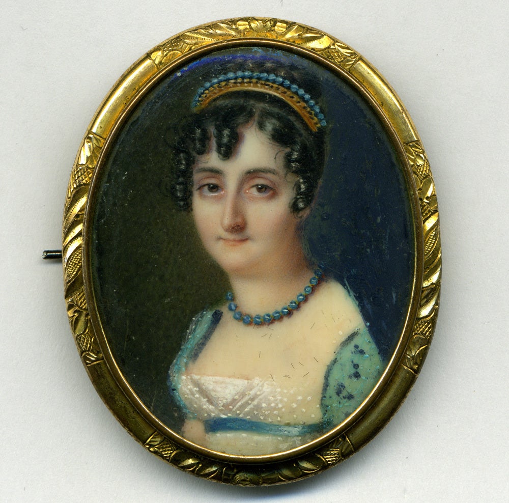 In the favored style of fashion that sets her into the Napoleonic era, this rather homely young woman with haunting lovely eyes has posed for perhaps the only visage of herself ever done - a portrait miniature that is so exquisite, just the impact