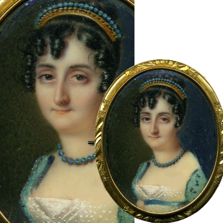 Georgian Antique French Empire Portrait Miniature Brooch Lady in Tiara