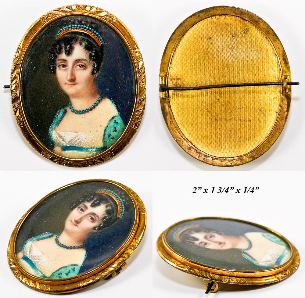 Women's or Men's Antique French Empire Portrait Miniature Brooch Lady in Tiara