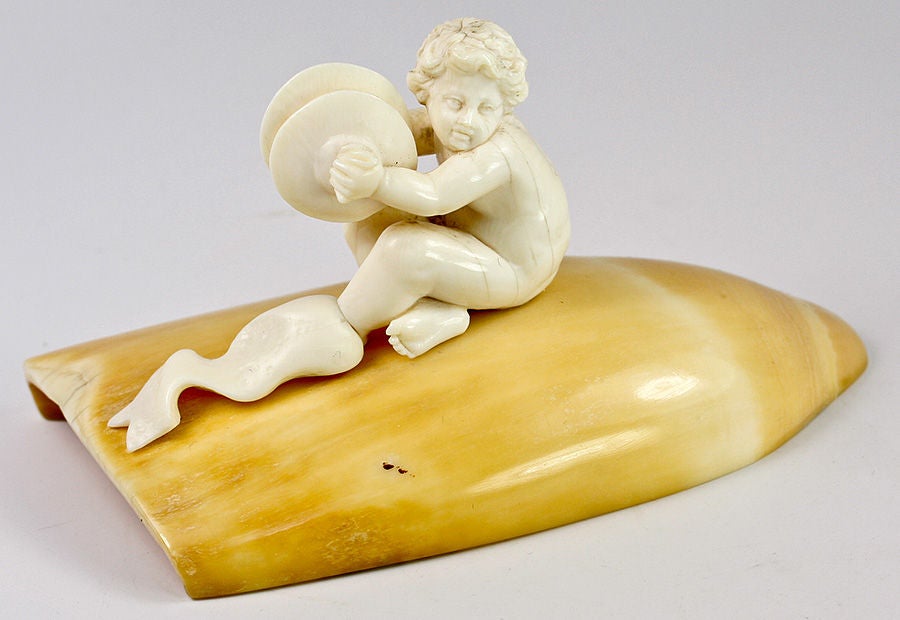Mounted atop a natural tusk, hollowed out, this solid carved ivory putti playing cymbals.  An often displayed motif in art through time, the most delightful perhaps being those in the Della Robbia pottery, the Classical allegory is the sounds of