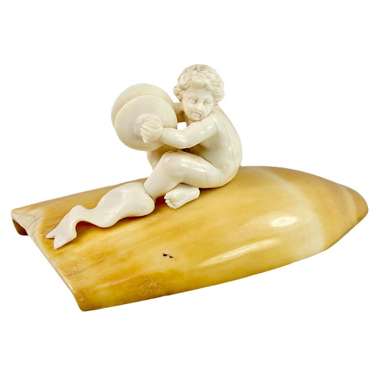 Dieppe, France Hand Carved Ivory Putti with Cymbals, on Tusk For Sale
