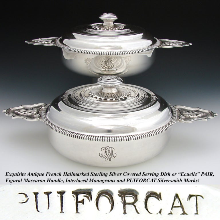 Exceptional & rare antique French hallmarked sterling silver ecuelle, tureen or covered serving dish PAIR with elegant figural medallions, superb condition and PUIFORCAT silversmith marks. Oh, I'm so excited to offer these! A beautiful and rare