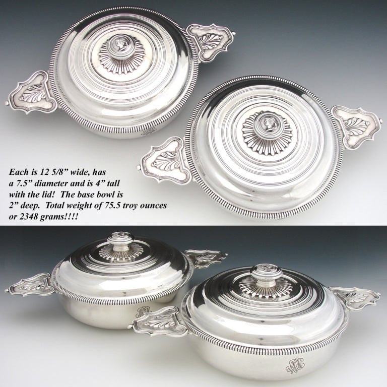Edwardian PUIFORCAT Pair Antique French Sterling Silver Ecuelles Service Bowls  For Sale