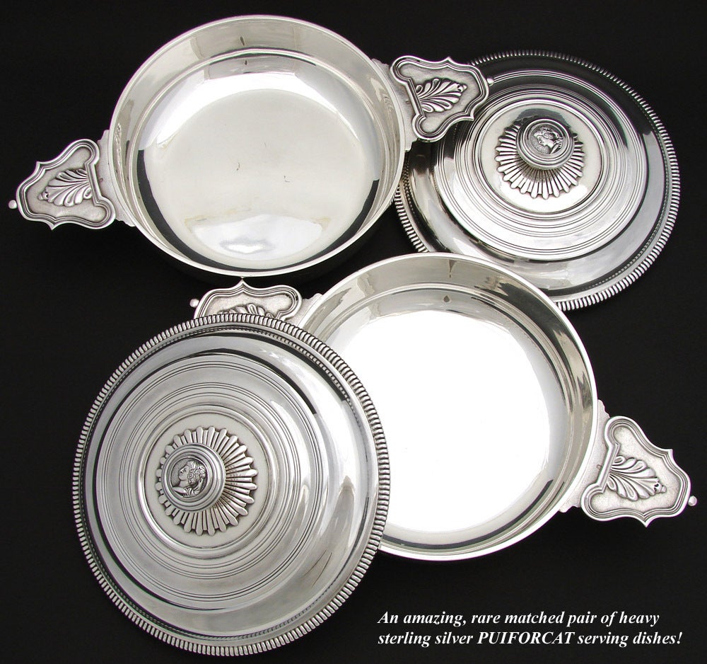 Women's PUIFORCAT Pair Antique French Sterling Silver Ecuelles Service Bowls  For Sale