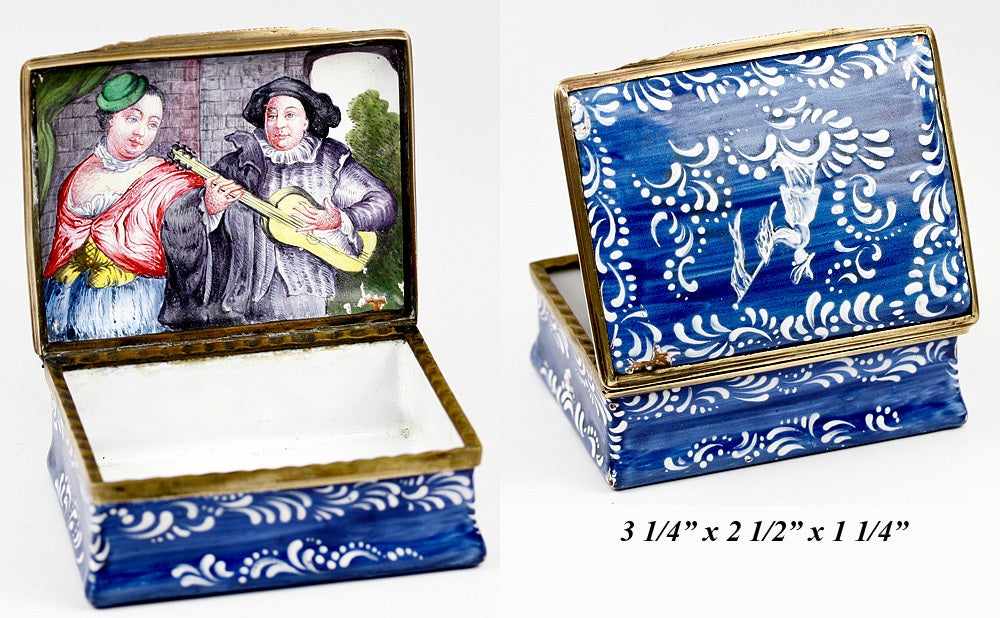 Antique Kiln-fired Bilston Enamel Table Snuff Box Figural Inside