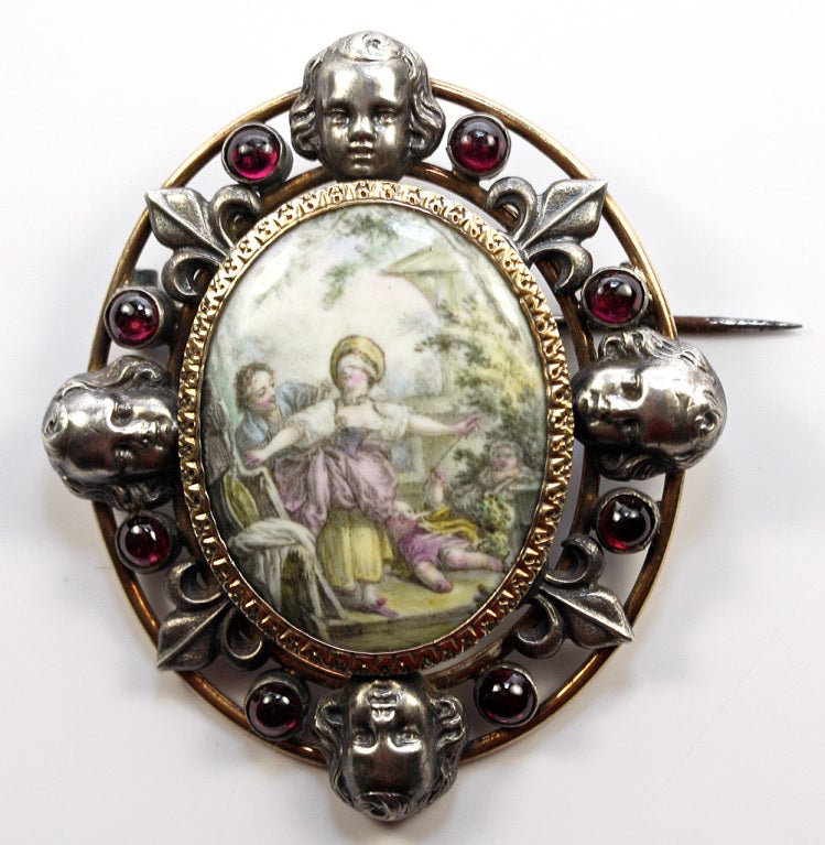 A stunningly beautiful combination of early 1800s French artistry, with a Romantic themed copper plaque, kiln-fired enamel 'painting', and it's framed beautifully in a French silver mounting that has trim and bezel of 12k yellow gold, as well. Putti