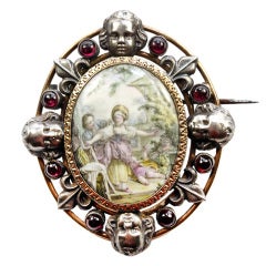 Antique French Silver Gold Brooch Enamel Plaque Garnet