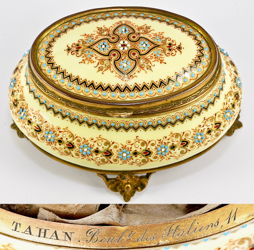 TAHAN Antique French Kiln-Fired Enamel Large Oval Jewelry Box