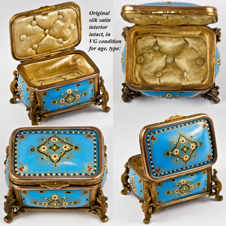 Victorian TAHAN Antique French Kiln-Fired Enamel Blue Jeweled Jewelry Box For Sale