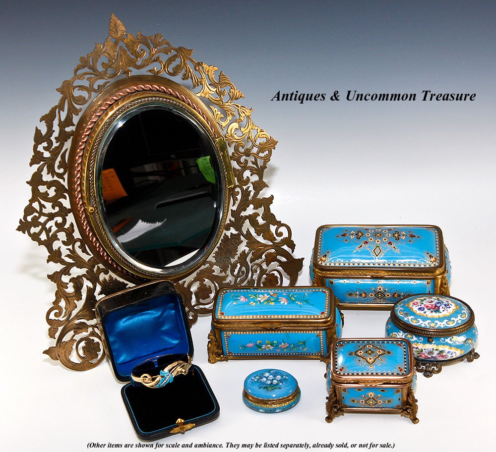 Women's or Men's TAHAN Antique French Kiln-Fired Enamel Blue Jeweled Jewelry Box For Sale