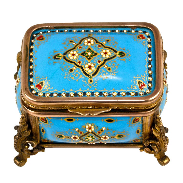 TAHAN Antique French Kiln-Fired Enamel Blue Jeweled Jewelry Box For Sale