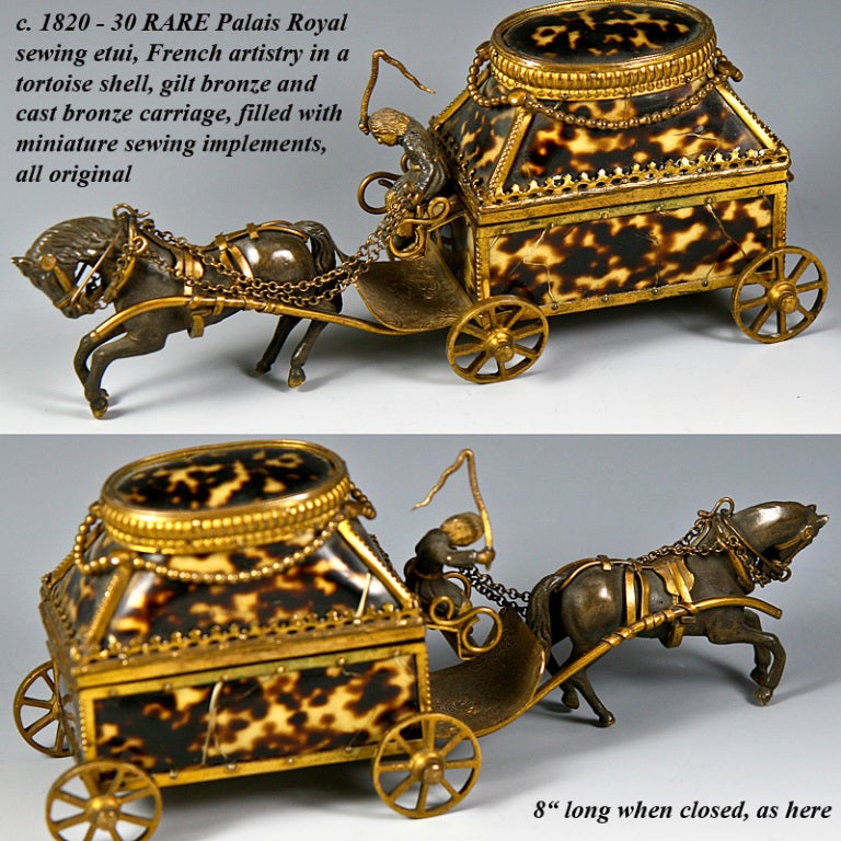 A real prize! This is one of the rare ones. The little  shell miniature carriage/ casket you see here is one that would have found its way to its first owner by way of the boutiques that flank the gardens of the old Richelieu palace of Paris, always