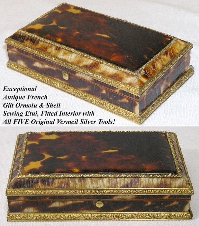 Women's Antique French Sterling Silver Sewing Etui, Tortoise Shell Box For Sale